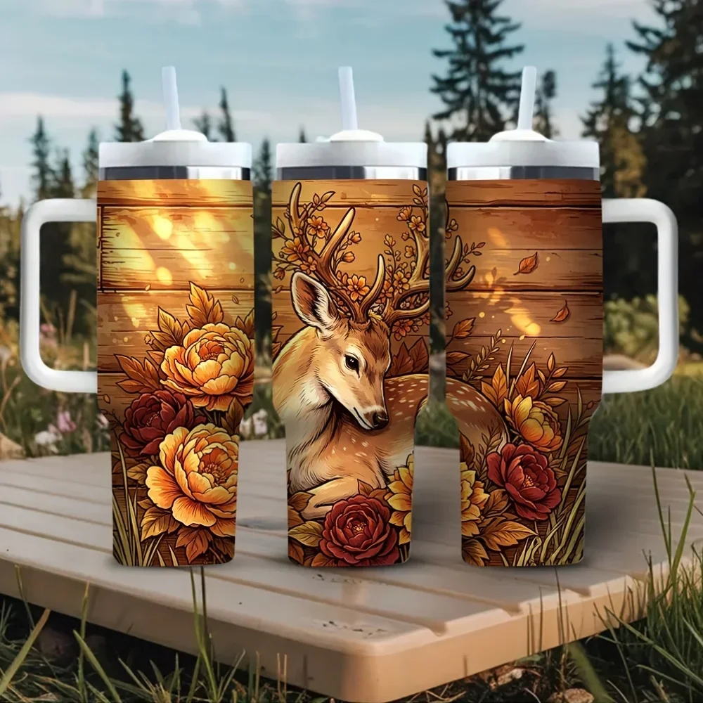 Hunting Outdoor Background - 40Oz Tumbler with Handle, Beautiful Floral