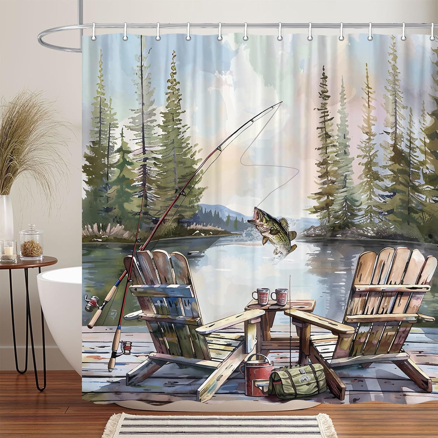 Hunting And Camping In Forest - Rustic Fishing Shower Curtain, Country Lodge