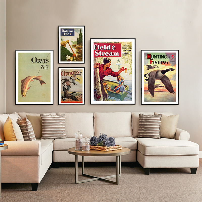 Outdoor Hunting Paintings - Vintage Colorful Fishing Poster Hunting Fishing
