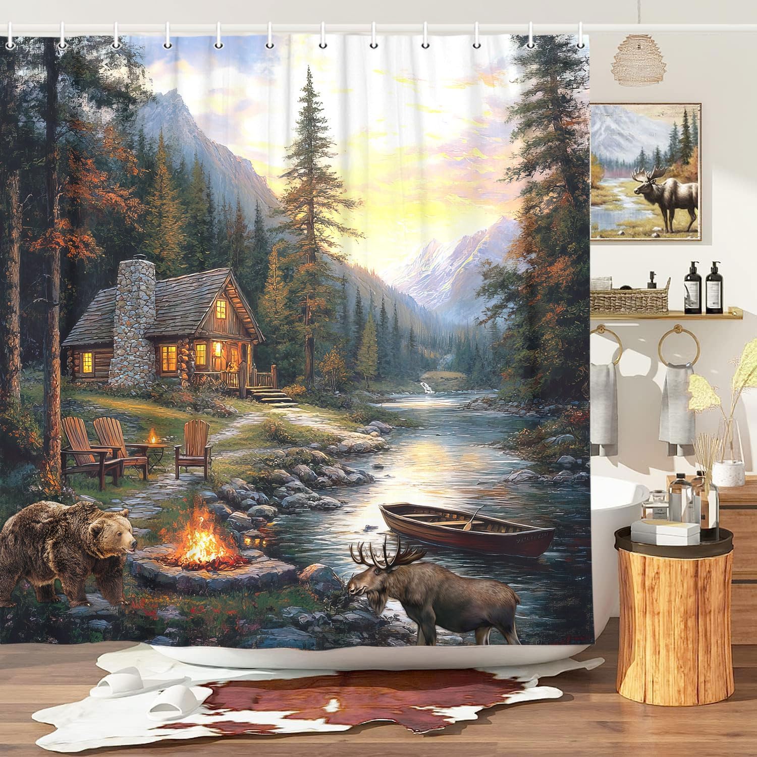Hunting And Camping In Forest - Rustic Cabin Lodge Shower Curtain with