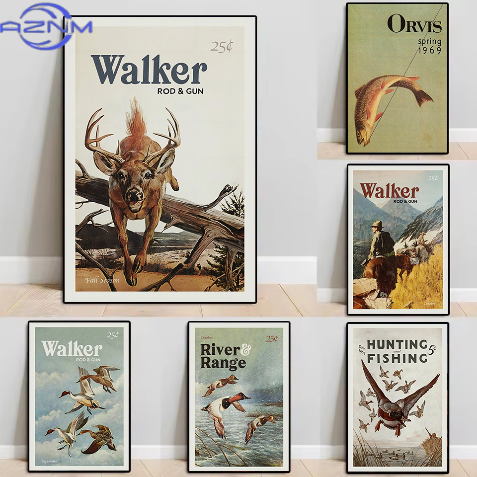 Outdoor Hunting Paintings - AZNM Retro Wildlife Outdoor Hunting Fishing