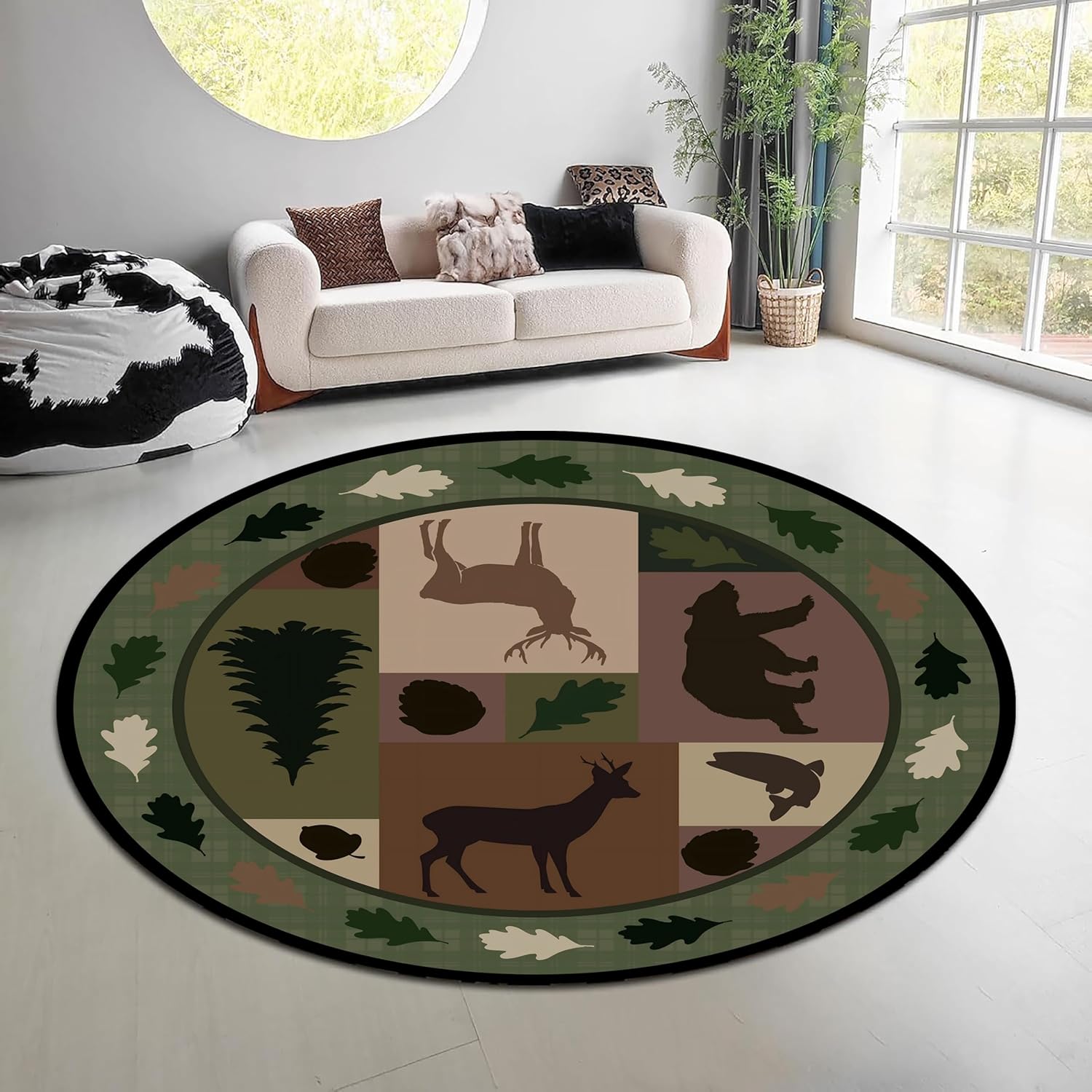 Hunting Outdoor Rug - Vintage Nature Forest Round Rug Green