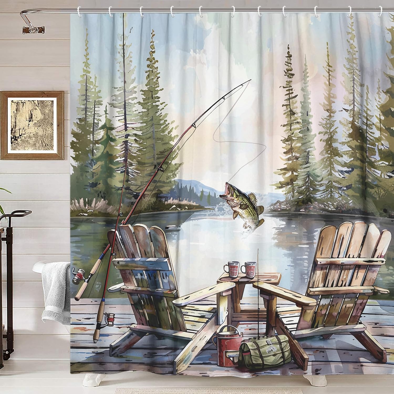 Rustic Fishing Shower Curtain, - Hunting And Camping In Forest review and price