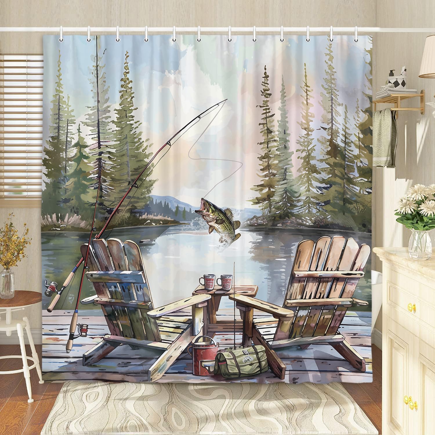 Rustic Fishing Shower Curtain, - Hunting And Camping In Forest review and price