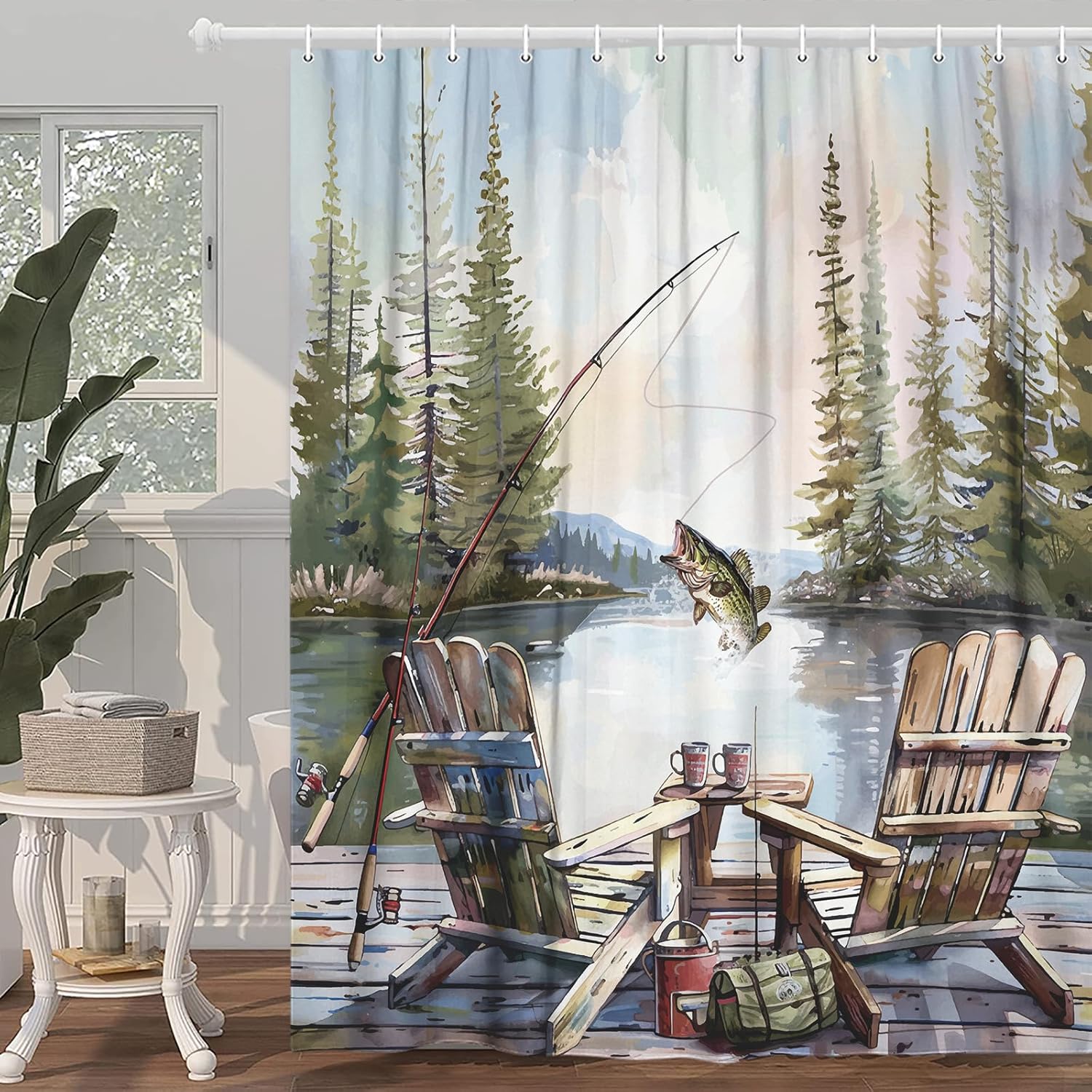 Rustic Fishing Shower Curtain, - Hunting And Camping In Forest review and price