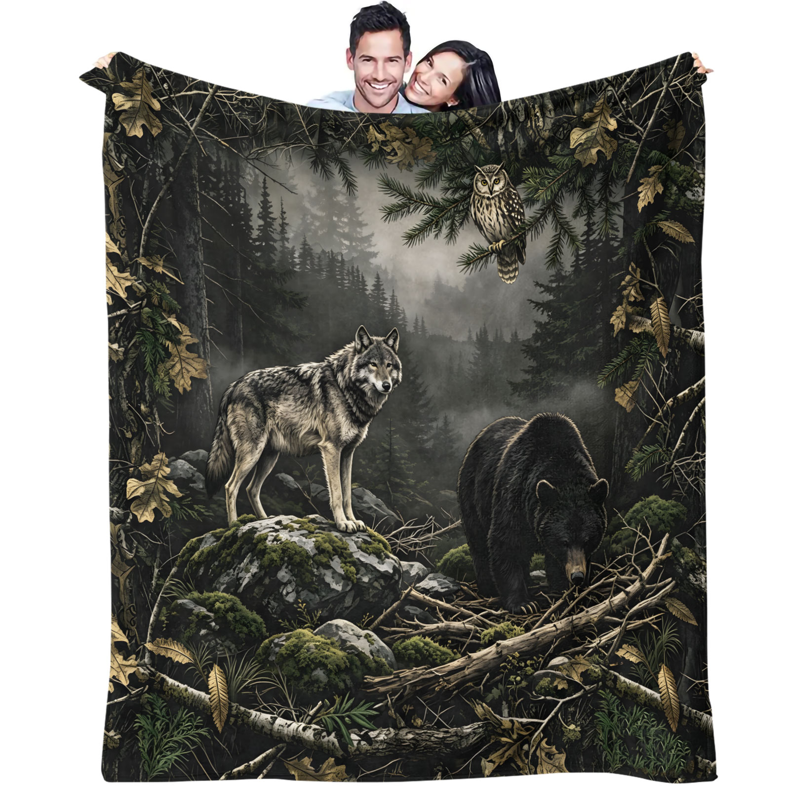 Forest Wolf Bear Owl Flannel B - Hunting And Camping In Forest review and price